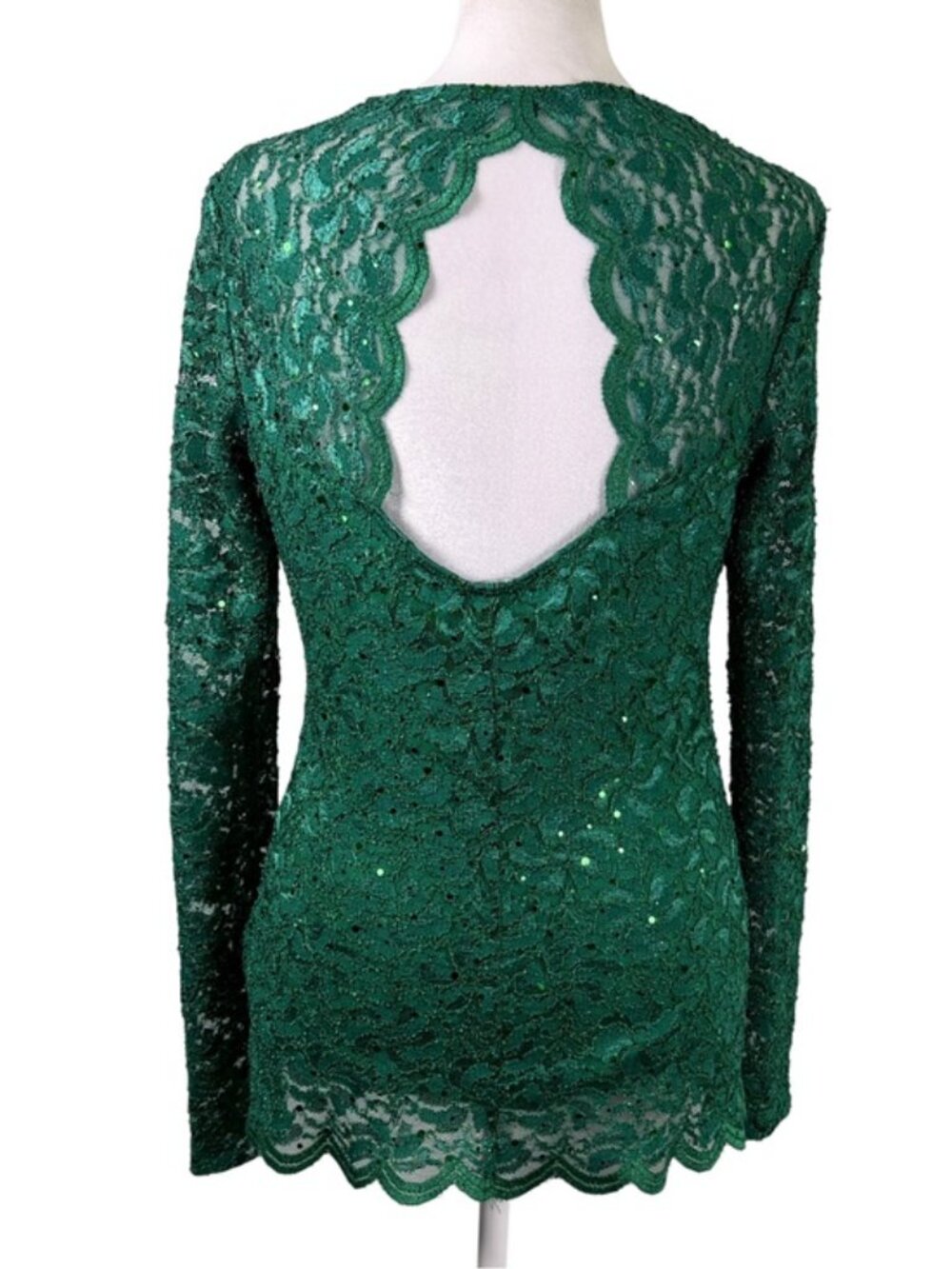 Boston Proper M Emerald Green Lace Sequin Open Back Holiday Top - Picture 3 of 10
